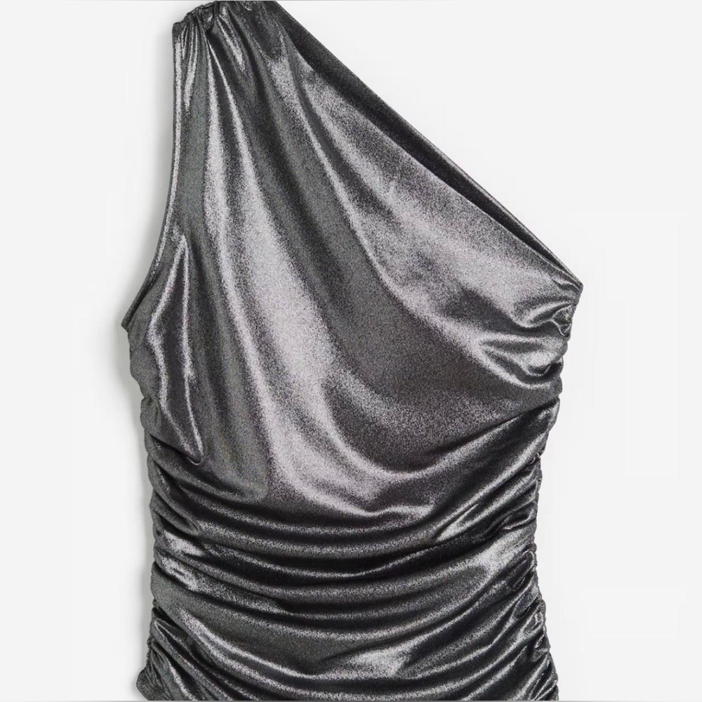 H&M Divided One Shoulder Silver Grey Metallic Form Fitting Going Out Top
